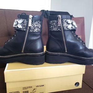 5.5sz Michael Kors Black Leather Haskell Cuff Combat Boots with Jewel Stones